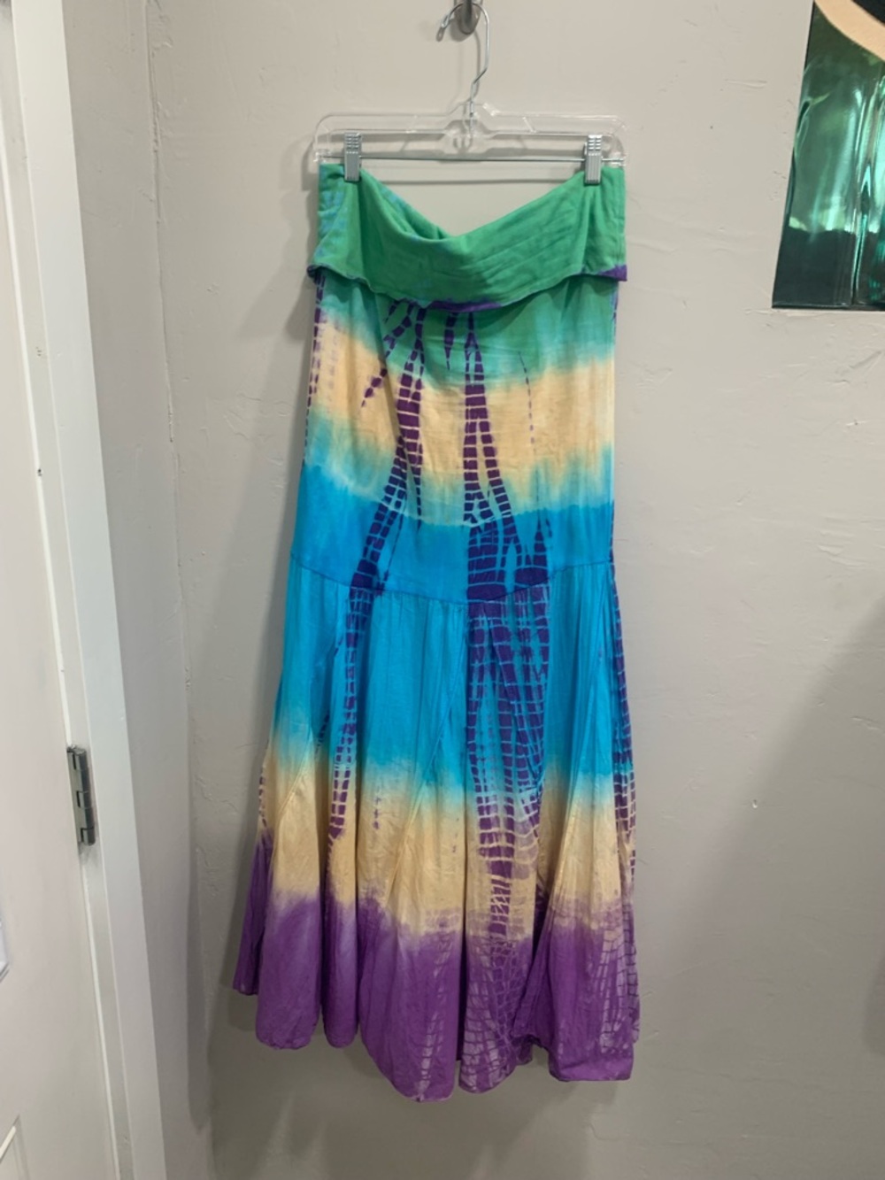 Bohemian Tie-Dye Maxi Skirt with Green Fold-Over Waistband